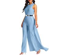 VERWIN Patchwork Overlay Embellished Plain Women's Jumpsuit High-Waist Woman Romper (Medium, Light Blue)