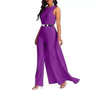 VERWIN Patchwork Overlay Embellished Plain Women's Jumpsuit High-Waist Woman Romper (Medium, Purple)