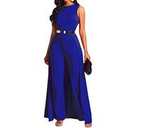 VERWIN Patchwork Overlay Embellished Plain Women's Jumpsuit High-Waist Woman Romper (X-Large, Blue)