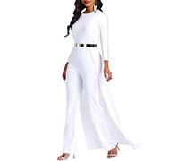 VERWIN Patchwork Overlay Embellished Plain Women's Jumpsuit High-Waist Woman Romper (X-Large, White Long Sleeve)