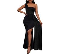 VERWIN Patchwork Sequins Bodycon Dress One Shoulder Sleeveless Dress Split Evening Glitter Cocktail Maxi Dress Black M