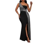 VERWIN Patchwork Sequins Bodycon Dress One Shoulder Sleeveless Dress Split Evening Glitter Cocktail Maxi Dress Silver M