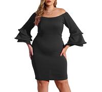 VERWIN Plus Size Bodycon Dress Long Sleeve Midi Dress Off Shoulder Prom Dress for Women Stretchy Cocktail Dress 5XL Black
