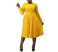 VERWIN Plus Size Long Sleeve Round Neck A-line Midi Dress for Women With Belt