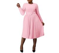 VERWIN Plus Size Pink Belted A-line Dress Women's 3XL Midi Dress Long Sleeve Round Neck Pleated Dress