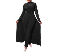 VERWIN Plus Size Sequins Jumpsuit for Women Patchwork Overlay Full Length Women's Jumpsuit High-Waist Woman Romper XXXL Black