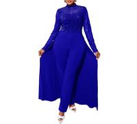 VERWIN Plus Size Sequins Jumpsuit for Women Patchwork Overlay Full Length Women's Jumpsuit High-Waist Woman Romper 5XL Blue