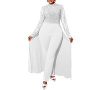 VERWIN Plus Size Sequins Jumpsuit for Women Patchwork Overlay Full Length Women's Jumpsuit High-Waist Woman Romper 5XL White