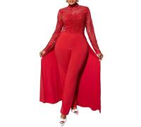 VERWIN Plus Size Sequins Jumpsuit for Women Patchwork Overlay Full Length Women's Jumpsuit High-Waist Woman Romper 4XL Red