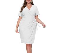 VERWIN Plus Size V Neck Dress Belted Short Sleeve Ruffle Dress Glitter Ruched Bodycon Dress Sparkly Party Evening Cocktail Midi Dress XXXL White