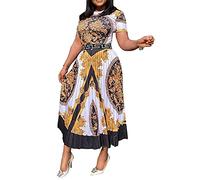 VERWIN Print Mid-Calf Short Sleeve High Waist Women's Maxi Dress M Brown