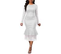 VERWIN Sequins Dress Long Sleeve Bodycon Dress Ruffle Mesh Hem Maxi Dress Mermaid Sparkly Round Neck Casual Party Cocktail Evening Dress L White