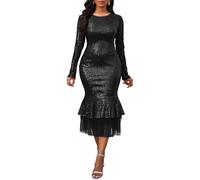 VERWIN Sequins Dress Long Sleeve Bodycon Dress Ruffle Mesh Hem Maxi Dress Mermaid Sparkly Round Neck Casual Party Cocktail Evening Dress M Black