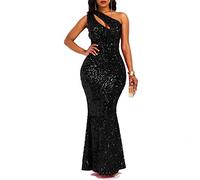 VERWIN Sequins Fashion Sleeveless Oblique Collar Mermaid Women's Maxi Dress Bodycon Dress Party Dress XL Black