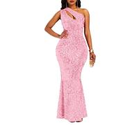 VERWIN Sequins Fashion Sleeveless Oblique Collar Mermaid Women's Maxi Dress Bodycon Dress Party Dress Pink XXL