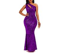 VERWIN Sequins Fashion Sleeveless Oblique Collar Mermaid Women's Maxi Dress Bodycon Dress Party Dress (X-Large, Purple)