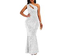 VERWIN Sequins Fashion Sleeveless Oblique Collar Mermaid Women's Maxi Dress Bodycon Dress Party Dress White XXL