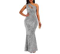 VERWIN Sequins Fashion Sleeveless Oblique Collar Mermaid Women's Maxi Dress Bodycon Dress Party Dress Gray M