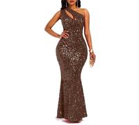 VERWIN Sequins Fashion Sleeveless Oblique Collar Mermaid Women's Maxi Dress Bodycon Dress Party Dress XL Brown