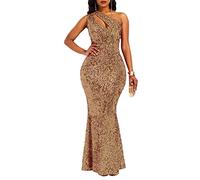 VERWIN Sequins Fashion Sleeveless Oblique Collar Mermaid Women's Maxi Dress Bodycon Dress Party Dress Camel XL