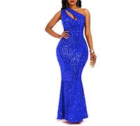 VERWIN Sequins Fashion Sleeveless Oblique Collar Mermaid Women's Maxi Dress Bodycon Dress Party Dress (Large, Blue)