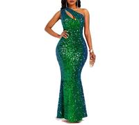 VERWIN Sequins Fashion Sleeveless Oblique Collar Mermaid Women's Maxi Dress Bodycon Dress Party Dress M Green