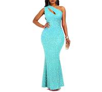VERWIN Sequins Fashion Sleeveless Oblique Collar Mermaid Women's Maxi Dress Bodycon Dress Party Dress M Light Green