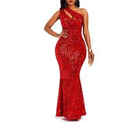 VERWIN Sequins Fashion Sleeveless Oblique Collar Mermaid Women's Maxi Dress Bodycon Dress Party Dress XL Red