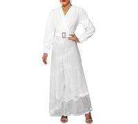 VERWIN Sequins Jumpsuit for Women Long Sleeve Sparkly Jumper V Neck Belted Wide Leg Pants Sets Evening Party Jumpsuit XL White