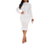 VERWIN Sequins Patchwork Bodycon Dress Women's Long Sleeve Elegant Plume Maxi Party Dress XL White