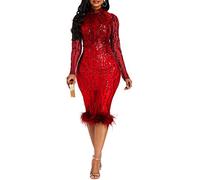 VERWIN Sequins Patchwork Bodycon Long Sleeve Dress - Elegant Plume Maxi for Party (XX-Large, Red)