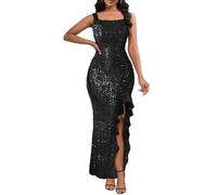 VERWIN Sleeveless Square Neck Spaghetti Strap Ruffle Sparkly Casual Party Cocktail Evening Bodycon Maxi Sequins Dress XL Black