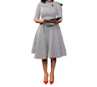 VERWIN Three Quarters Sleeve Knee-Length Pullover Plaid Women's Retro Dress Midi Dress XL White