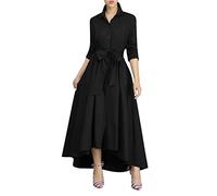 VERWIN Women Long Sleeve Loose Elegant Maxi Dress Button Down Up Shirt Long Dress with Pockets and Belts (X-Large, Black)