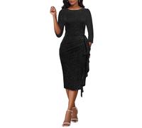 VERWIN Women's 3/4 Sleeve Round Neck Ruffle Sparkly Split Bodycon Casual Party Cocktail Evening Midi Dress XXL Black