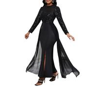 VERWIN Women's Bodycon Sequins Dress Mesh Chiffon Shoulder Maxi Dress Side Slit Patchwork Overlay Dress XXL Black