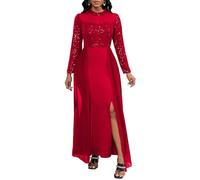 VERWIN Women's Bodycon Sequins Mesh Chiffon Shoulder Maxi Dress Side Slit Patchwork Overlay Dress L Red