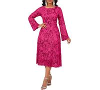 VERWIN Women's Elegant Floral Sequin Mesh Flare Long Sleeve Swing Cocktail Party A-Line Midi Dress XL Rose