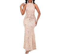 VERWIN Women's Floral Sleeveless Halter Neck Bodycon Mermaid Evening Party Prom Cocktail Formal Sequin Maxi Dress XXL Champagne