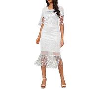 VERWIN Women's Fringe Maxi Dress Sequins Short Sleeve Tassels Prom Cocktail Dress M White