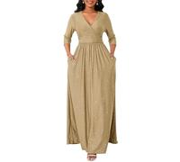 VERWIN Women's Glitter V-Neck 3/4 Sleeve A-line Dress With Smocked Waist, Flowy Long Cocktail Maxi With Pockets M Camel