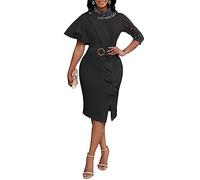 VERWIN Women's Mesh Patchwork Bodycon Midi Dress - Bead Long Sleeve Ruffle Prom Party Dress XL Black