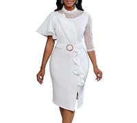 VERWIN Women's Mesh Patchwork Bodycon Midi Dress - Long Sleeve Ruffle Prom Party Dress M White