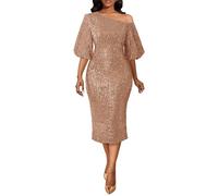 VERWIN Women's Oblique One Shoulder Sequin Elegant Party Cocktail Sparkly Puff Sleeves Midi Dress L Camel