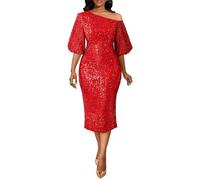 VERWIN Women's Oblique One Shoulder Sequin Elegant Party Cocktail Sparkly Puff Sleeves Midi Dress XXL Red