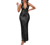 VERWIN Women's Sequin Halter V Neck Formal Sleeveless Bodycon Sparkly Prom Evening Party Backless Maxi Dress M Black