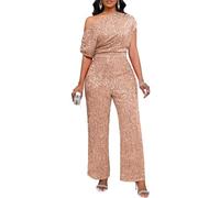 VERWIN Women's Sequin Jumpsuit Elastic Ruffle One Shoulder Wide Leg Sparkly Party Cocktail Romper XXL Champagne