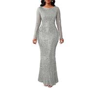 VERWIN Women's Sequins Bodycon Dress Round Neck Long Sleeve Sparkly Mermaid Maxi Casual Party Cocktail Dress L Gray