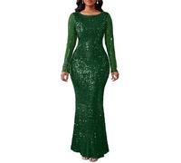 VERWIN Women's Sequins Bodycon Round Neck Long Sleeve Sparkly Mermaid Dress for Casual Party Cocktail