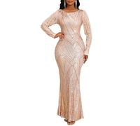 VERWIN Women's Sequins Bodycon Round Neck Long Sleeve Sparkly Mermaid Maxi Casual Party Cocktail Dress XXL Champagne